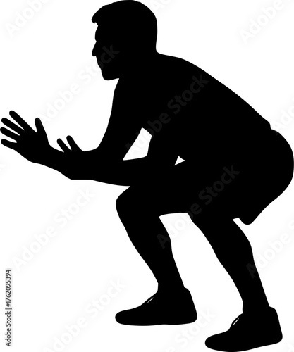 Silhouette of a man in an athletic squat position preparing to jump or exercise against a white background fitness training pose