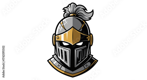 A stylized head mascot of a knight's helmet with a gold and silver design on a plain white background.