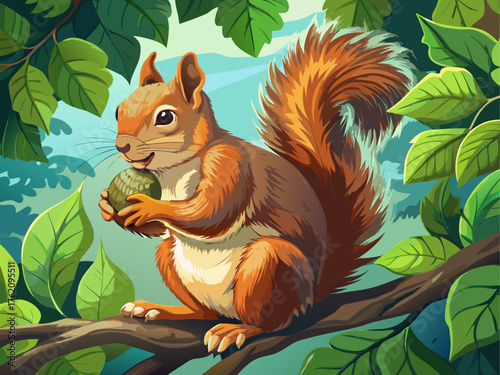 Realistic vector of squirrel sitting on tree branch holding nut, green leaves around, sunlight, detailed fur texture, nature wildlife scene