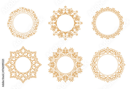 Set of decorative frames Elegant vector element for design in Eastern style, place for text. Floral golden and white borders. Lace illustration for invitations and greeting cards