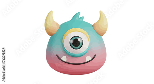 A colorful cartoon monster head mascot with one eye and horns against a clean white background with a playful mood.