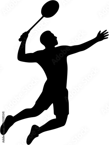 Badminton athlete jumping pose vector silhouette showing action movement for tournament promotion coaching and fitness graphics.