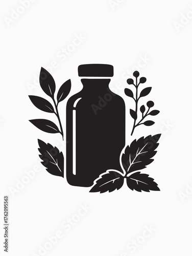 Herbal Bottle with Leaves and Berries Silhouette – Minimalist Vector Icon for Natural Remedies, Wellness, and Eco-Friendly Products