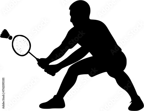 Badminton player low defense silhouette vector showing crouched position blocking shuttlecock during rally.