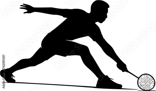 Badminton player stretch defense vector silhouette showing reach for shuttlecock during intense rally.