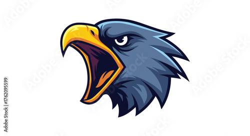 A cartoon eagle head mascot with a fierce expression and open beak against a clean white background.