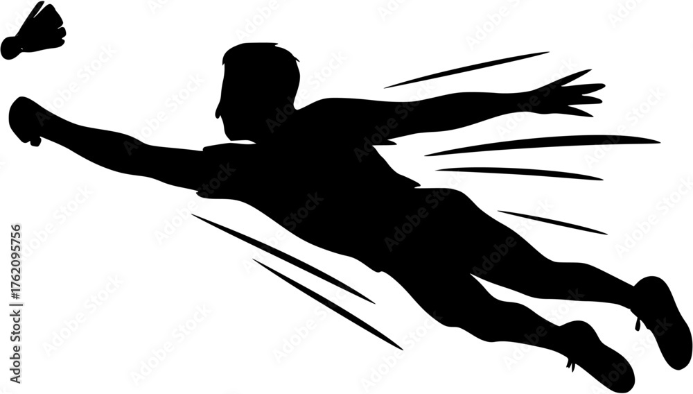 Fototapeta premium Badminton player diving save vector silhouette showing athlete reaching for shuttlecock in dramatic defensive motion.