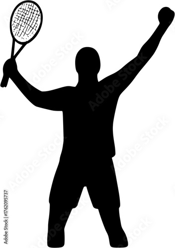 Tennis player raising racket silhouette vector showing winner celebration gesture after tournament success or training result.