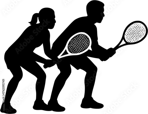 Mixed doubles team ready vector silhouette showing male and female athletes preparing to return serve in tennis match.
