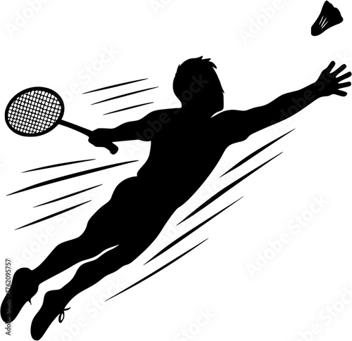 Badminton diving action silhouette vector showing player extending arm to hit shuttlecock during match.