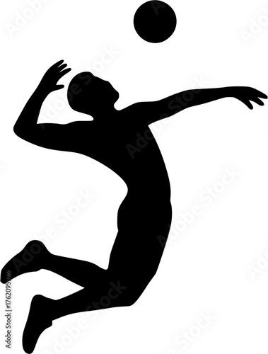Volleyball player jump serve silhouette vector showing athlete spiking ball in midair for sports design training and competition visuals.