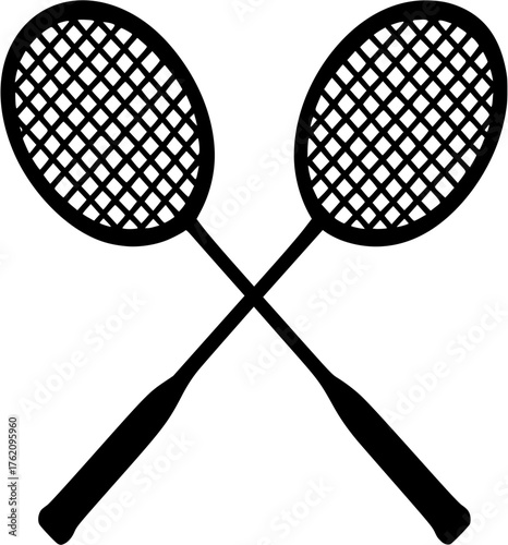 Crossed badminton rackets vector silhouette icon showing sports equipment symbol for tournament club or logo design.