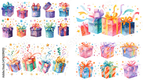 Vibrant watercolor illustration of colorful gift boxes with confetti and ribbons — perfect for party invitations, birthdays, holidays, or festive background designs.