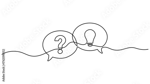 Hand drawn one line vector. Quick tips. Continuous one line drawing of question mark, light bulb and speech bubbles. Vector illustration isolated on white. Editable outline