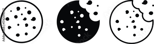 Chocolate chip cookie black silhouette icons dessert and 
bakery food vector collection