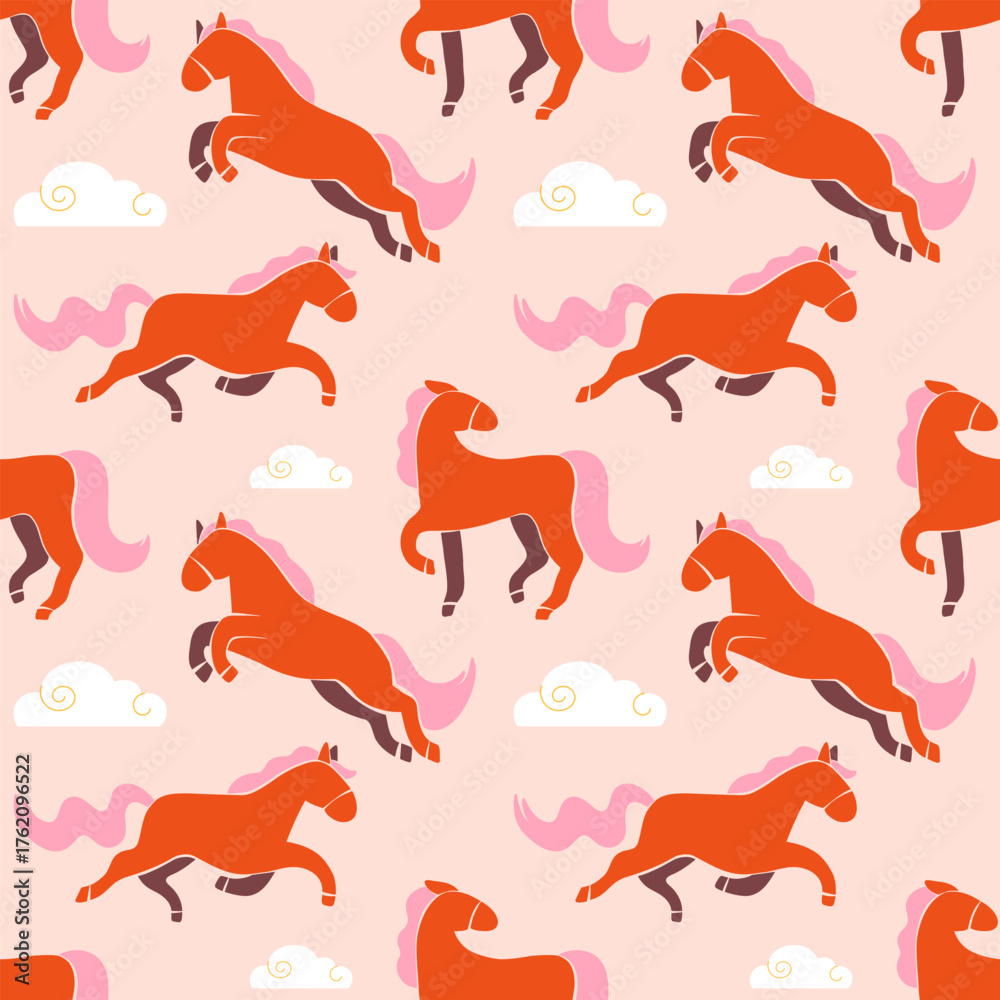 Obraz premium Year of the Horse seamless pattern for the Chinese New Year. Cover illustration, poster, banner, template. Happy Year of the Horse