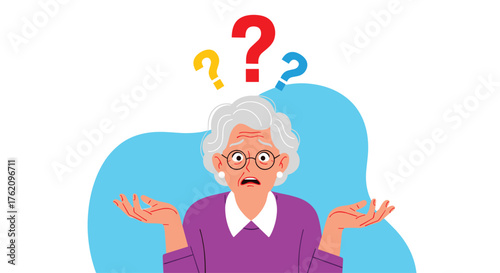 Confused senior woman with question marks pondering decisions or facing uncertainty with a bewildered expression