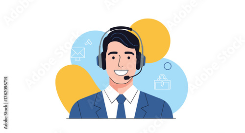Smiling customer service representative with headset ready to assist clients, offering support and solutions