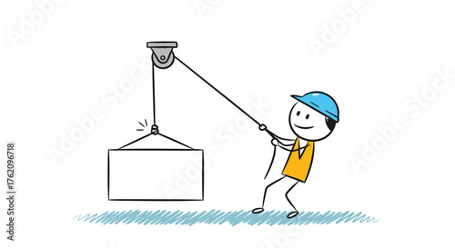 Cheerful construction worker using pulley system to lift a heavy load with determination and teamwork during project