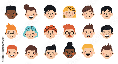 Diverse smiling and curious faces with various hairstyles representing different emotions and expressions for social media, design, and more