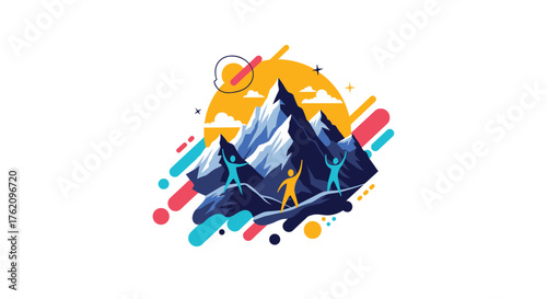 Triumphant adventurers celebrate mountain summit success with vibrant graphics, conveying achievement and teamwork in a modern, dynamic illustration
