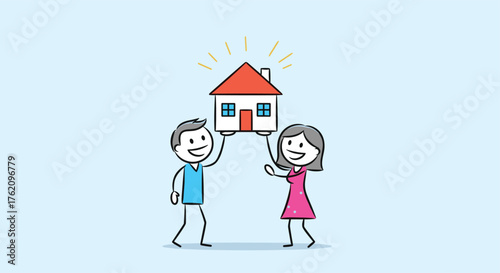 Happy couple celebrating their new home ownership dream, family stick figures with bright red roof house, a symbol of security and investment success