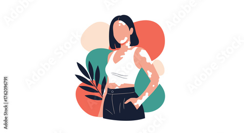 Confident woman with vitiligo stands gracefully, embracing individuality and body positivity, modern illustration with vibrant colors