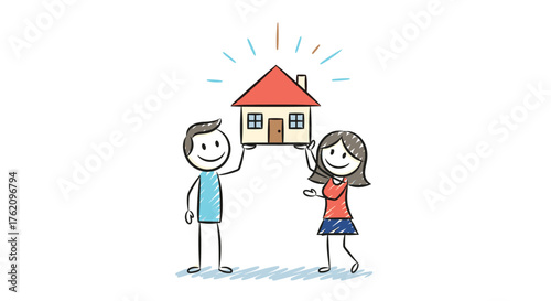 Happy couple holding a house illustration, symbolizing homeownership, real estate dreams, and family happiness in a modern style