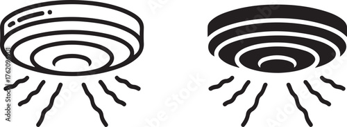 Two black and white icons of a smoke detector with radiating lines indicating detection fire alarm