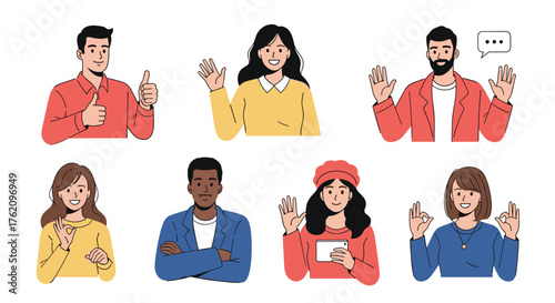 Diverse group of people expressing positivity, approval, and connection in colorful, modern style perfect for various projects