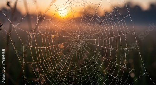 Spiderweb at Sunrise - Dew-Kissed Web in Golden Light.