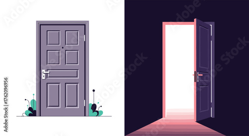 Open door revealing bright future and opportunity, symbolizing new beginnings, choices, and success in business or life