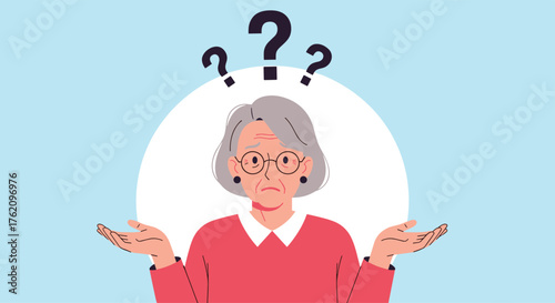 Confused senior woman shrugging with question marks overhead, illustrating uncertainty and indecision for various concepts