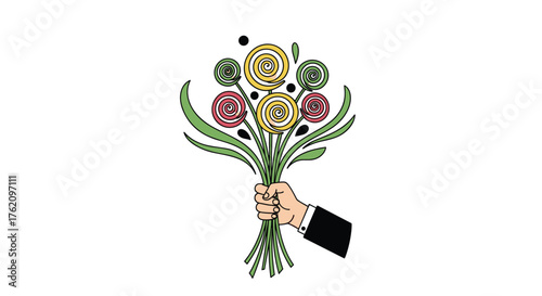 Elegant hand holding stylized bouquet of vibrant flowers, perfect for celebrations, gifts, and special occasions, a delightful design