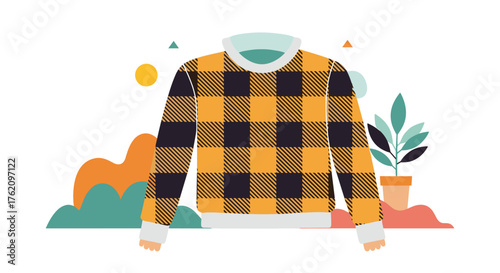 Stylish yellow and black plaid sweater design with plant and abstract shapes, perfect for fashion, lifestyle, and seasonal projects