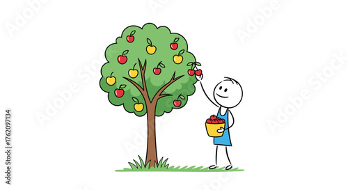 Joyful stick figure harvesting ripe apples from a flourishing tree, symbolizing abundance, growth, and the simple pleasures of life