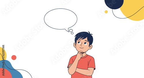 Thoughtful young man pondering ideas with speech bubble, ideal for brainstorming, problem-solving, and creative concepts