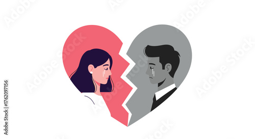 Heartbreak concept with a broken heart, sad man and woman, tears, relationship issues, divorce, separation, vector style