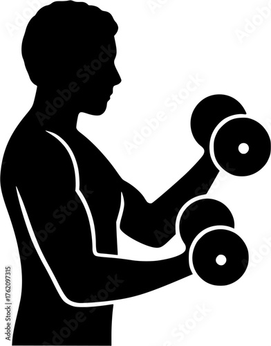 Dumbbell training vector icon showing athlete lifting weights for arm strength and fitness exercise
