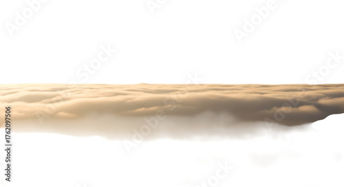 Aerial view of a sea of golden clouds stretching across the horizon, isolated on transparent background, creating a serene and ethereal atmosphere with soft light and warm tones, perfect for backgroun