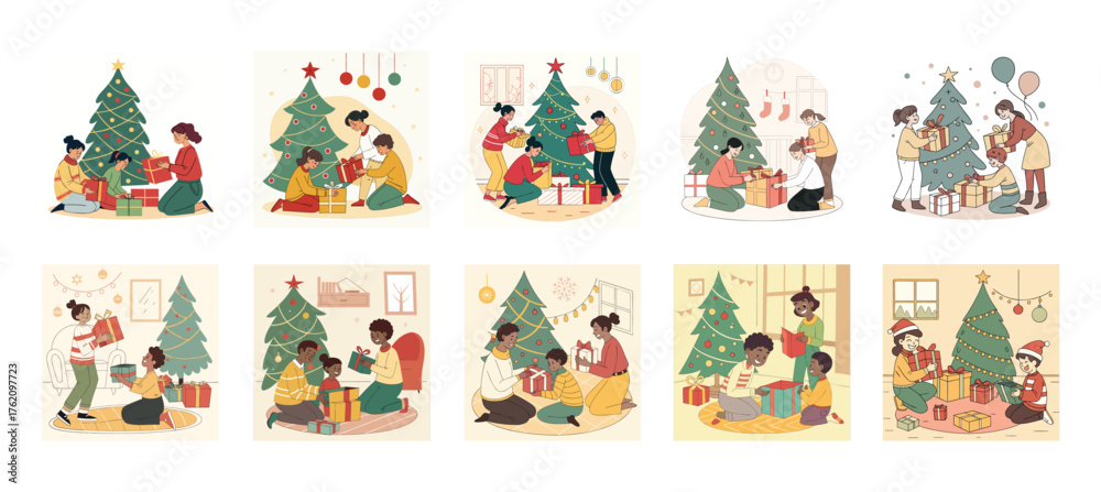 Fototapeta premium Set of vector illustrations of people opening Christmas presents with Christmas tree decorations including balls, stars and balloons.