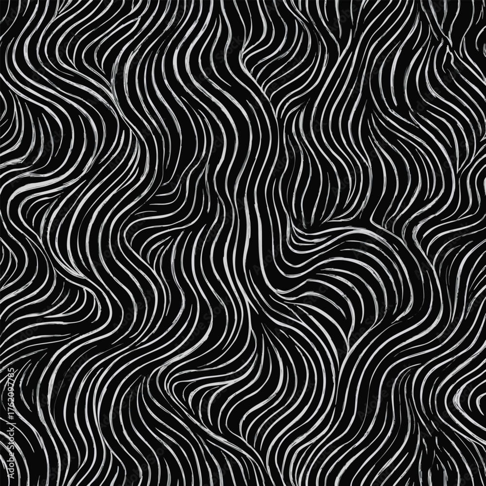 Fototapeta premium Hand drawn patterns with waves. Wavy curly hair seamless pattern, animal fur, black and white outline, abstract background, texture.