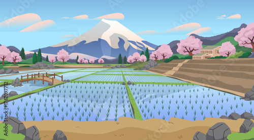 Beautiful Asian Landscape with Rice Fields. Nature and Agriculture Concept vector illustration