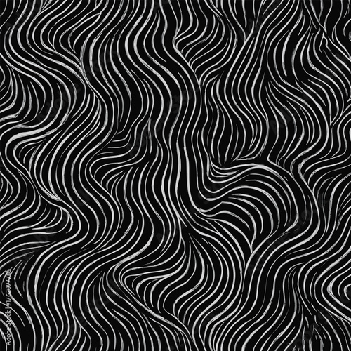 Hand drawn patterns with waves. Wavy curly hair seamless pattern, animal fur, black and white outline, abstract background, texture.