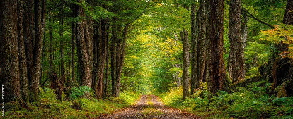 Obraz premium A lush forest path, sunlit tunnel framed by tall trees. Green canopy with path disappearing into distance