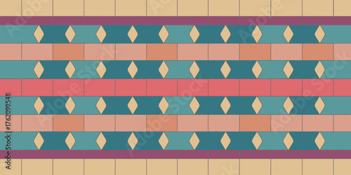 A colorful patterned wall with alternating rows of tiles and diamond shaped decorations along the wall