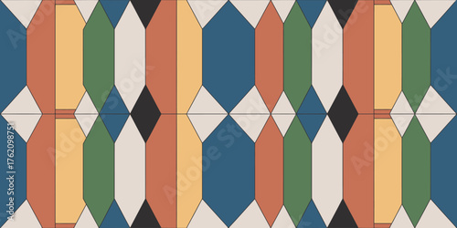 Geometric pattern featuring colorful shapes and diamond accents arranged symmetrically and repetitively