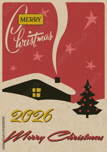 Mid Century Modern Christmas Greeting Card, Atomic Age 1950s - 1960s Postcard, Merry Christmas Illustration, Vintage Colors, Aged Paper Texture