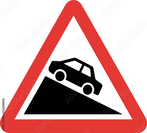 Warning Sign Of Steep Hill With Car Icon On Red Triangle steep hill warning road sign