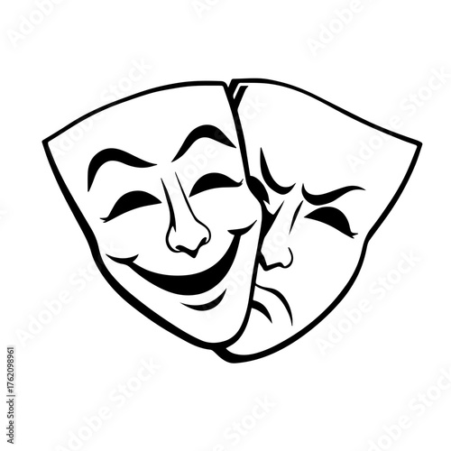 Two different emotional theatrical masks. One mask is smiling, the other is angry